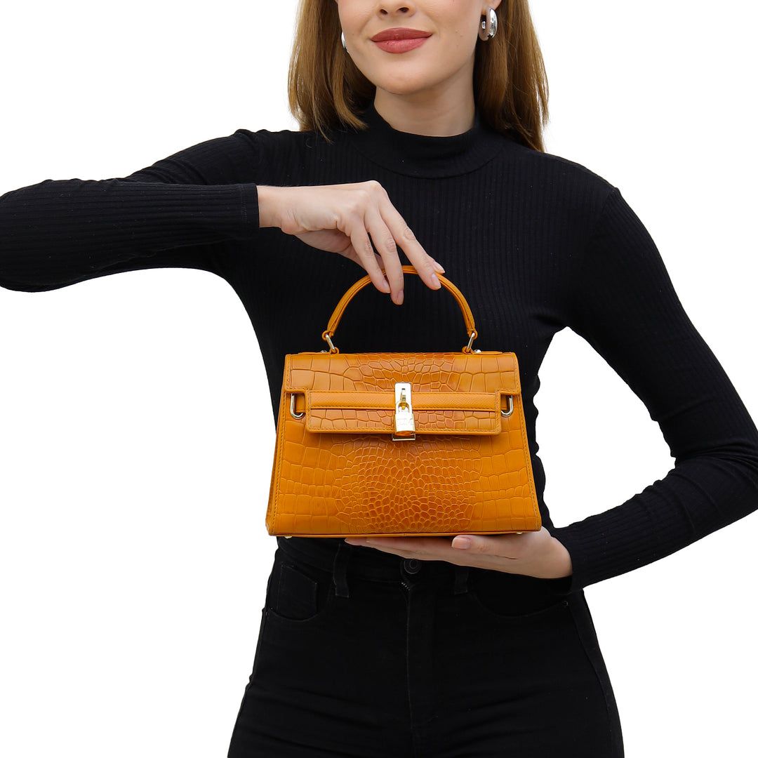 Small Croco Leather Satchel - Flame