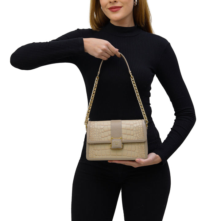 Small Croco Franzy Leather Shoulder Bag - Frost