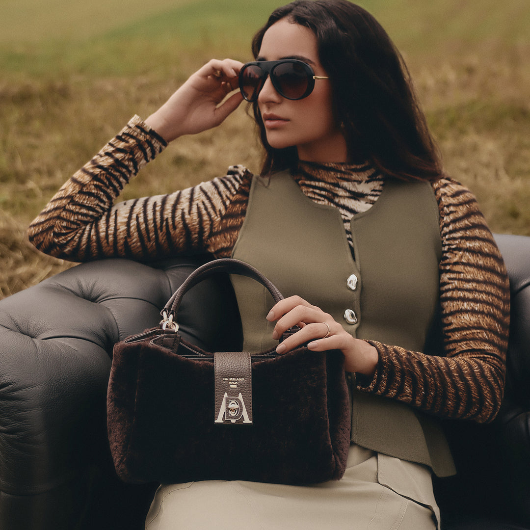 Small Fur Leather Satchel - Chocolate