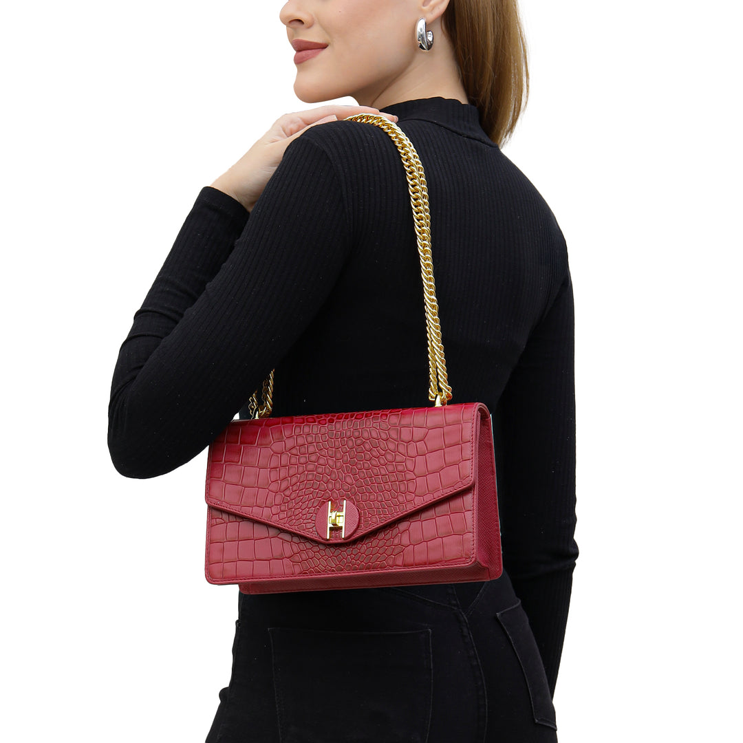 Small Croco Leather Shoulder Bag - Plumberry