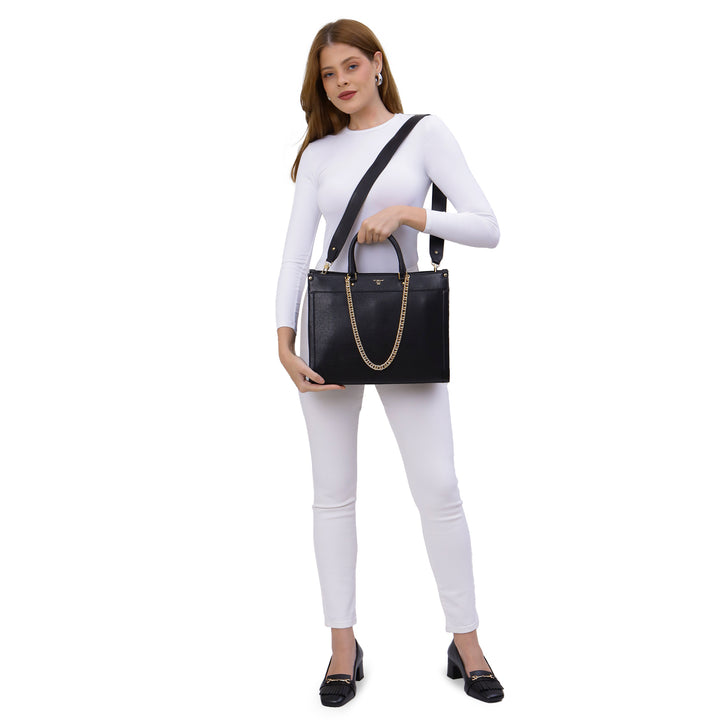 Medium Franzy Leather Book Tote - Black