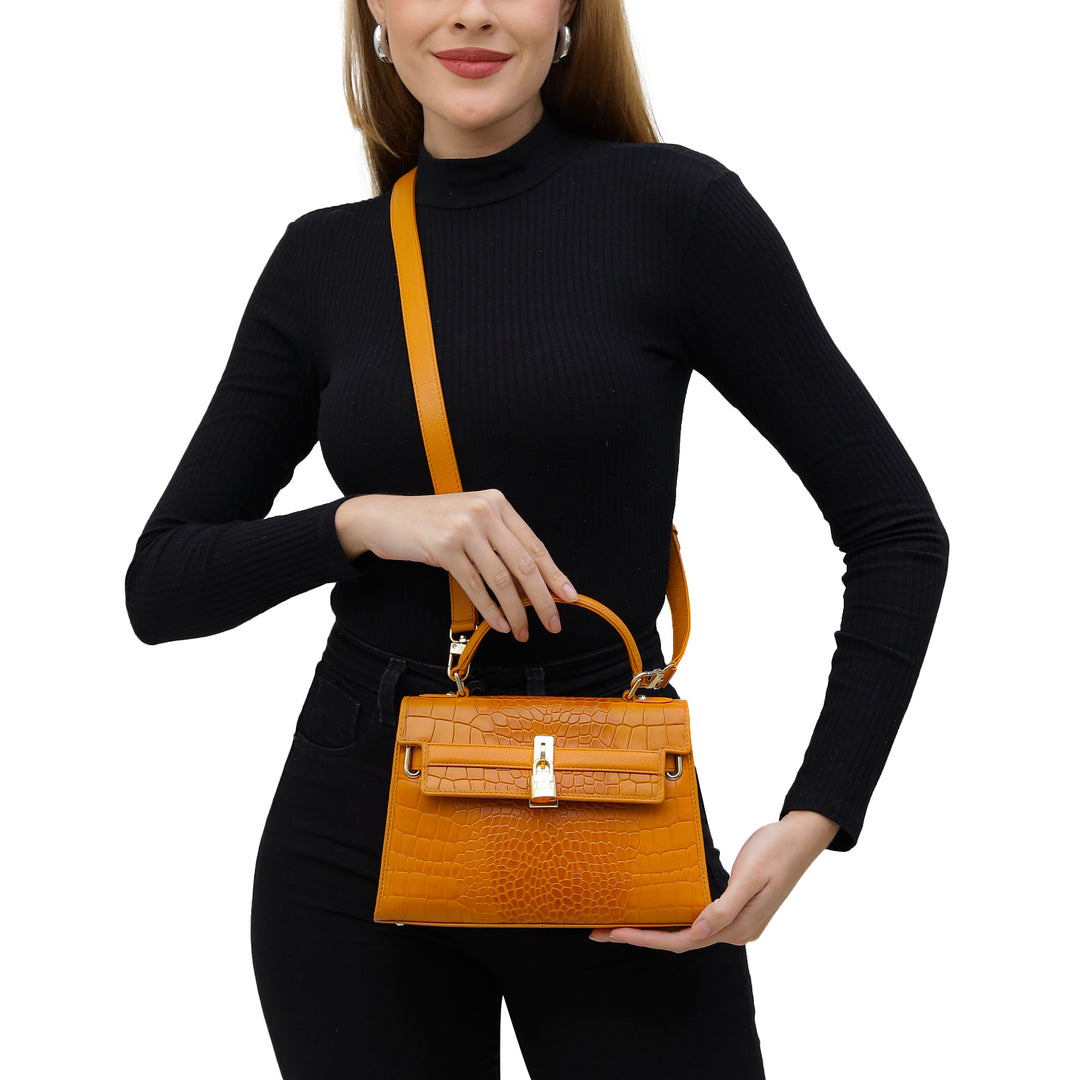 Small Croco Leather Satchel - Flame