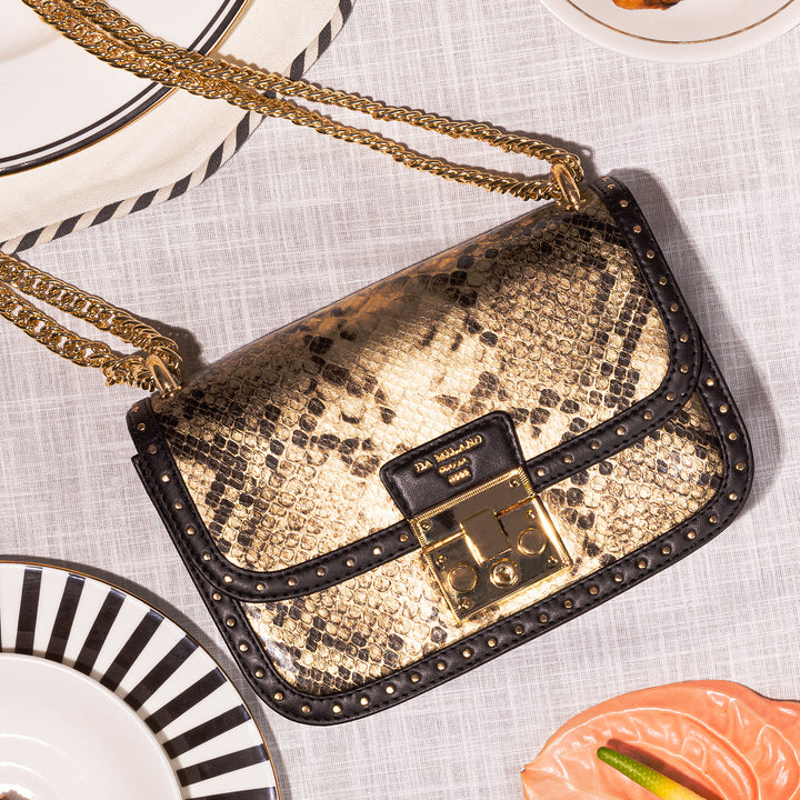 Small Snake Leather Shoulder Bag - Gold & Black