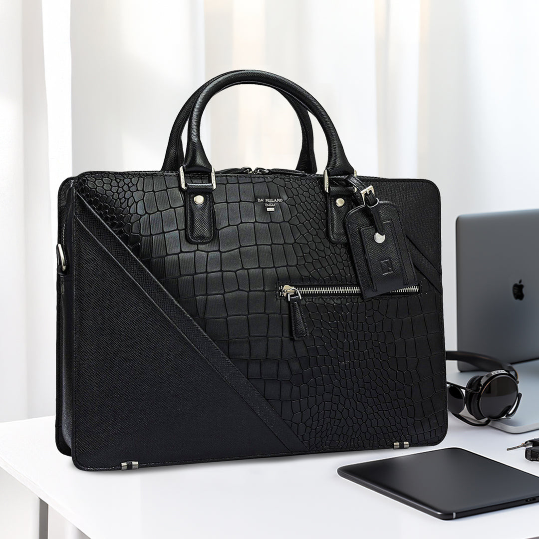 Croco Franzy Leather Laptop Bag - Black