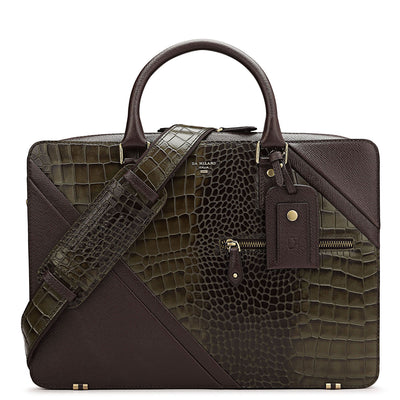 Military Green Croco Franzy Leather Laptop Bag - Upto 15"