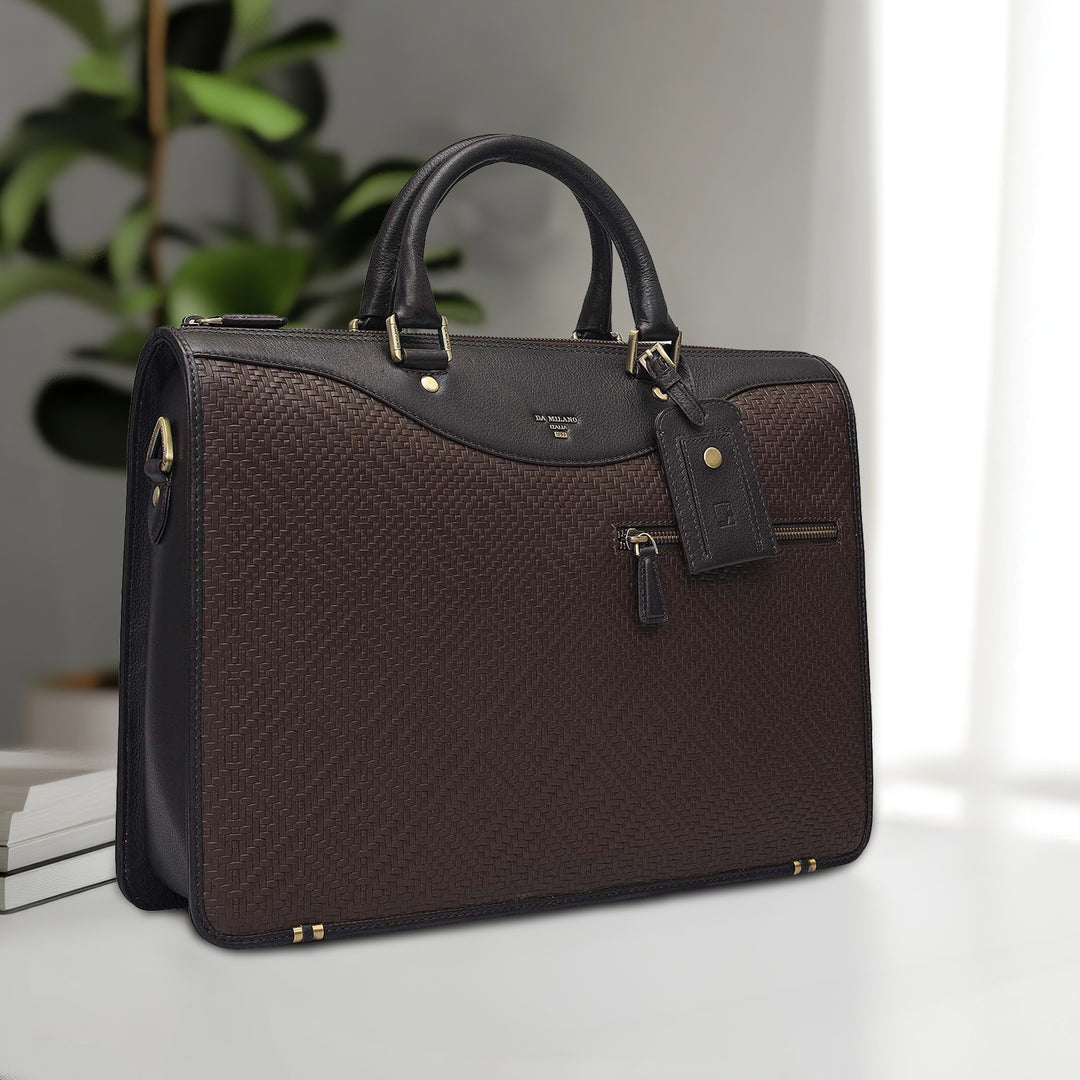 Mat Emboss Plain Leather Laptop Bag - Brown