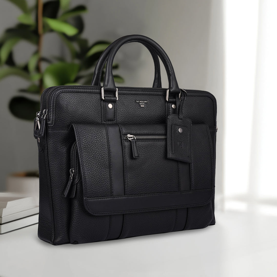Wax Leather Laptop Bag - Black