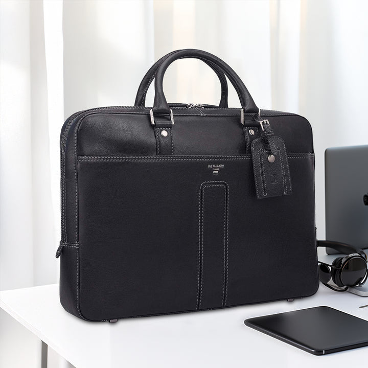 Elephant Pattern Leather Laptop Bag - Navy