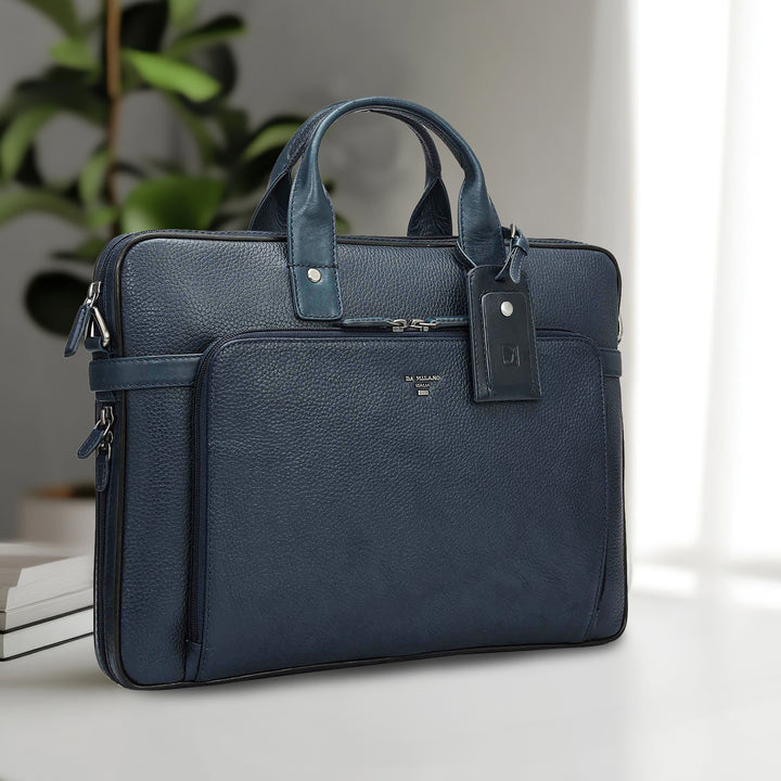 Wax Leather Laptop Bag - Navy