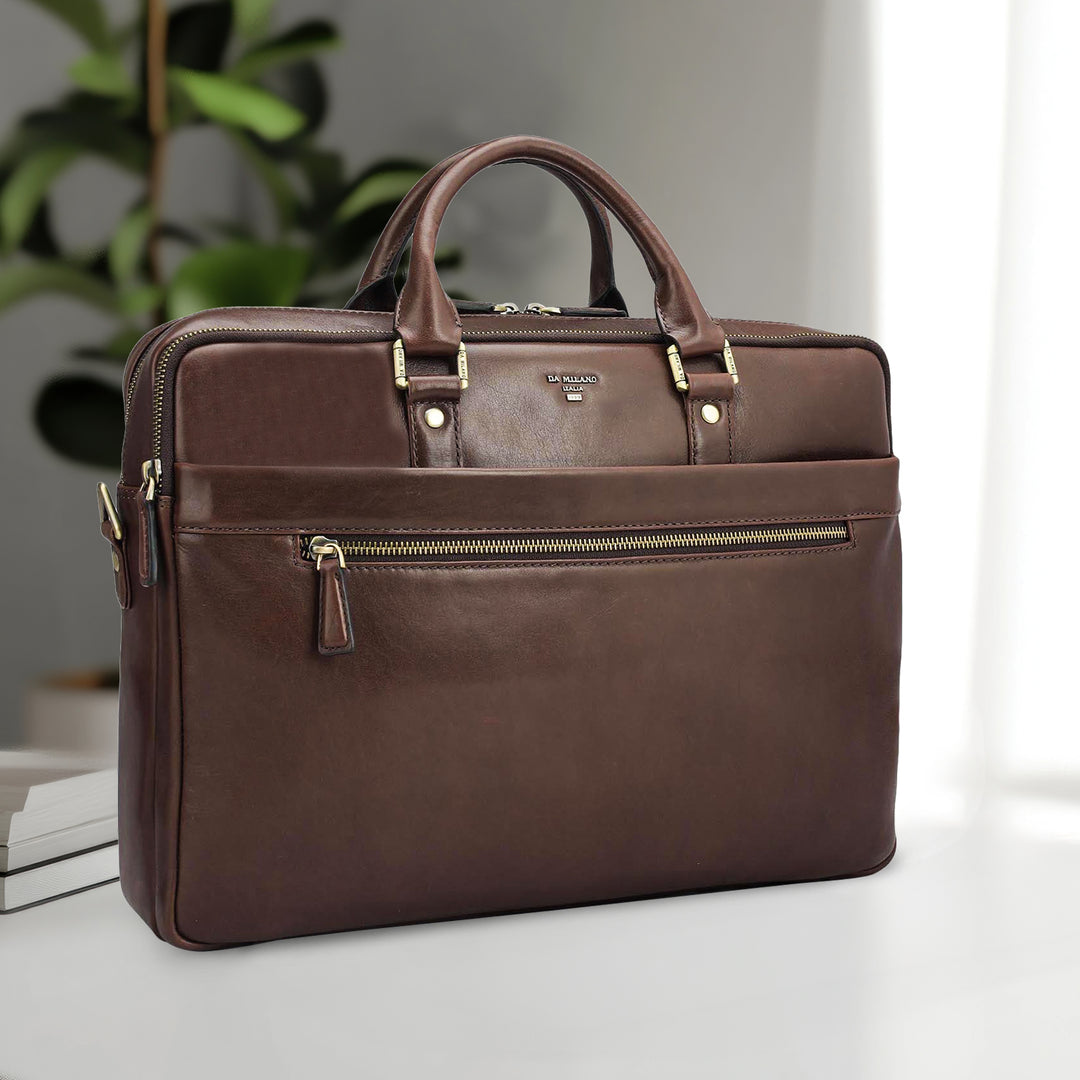 Plain Italian Leather Laptop Bag - Brown