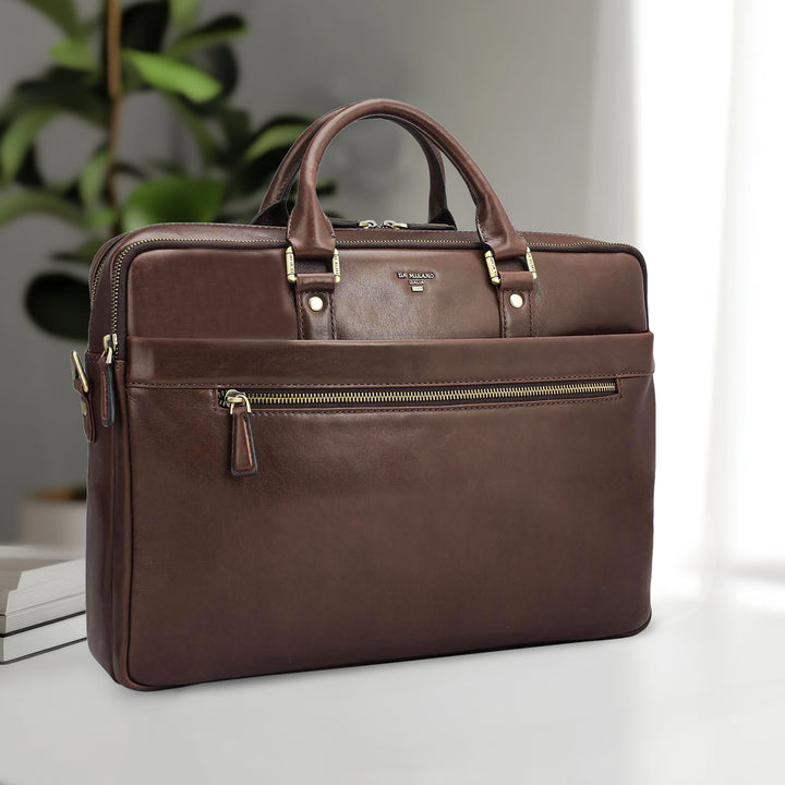 Plain Italian Leather Laptop Bag - Brown