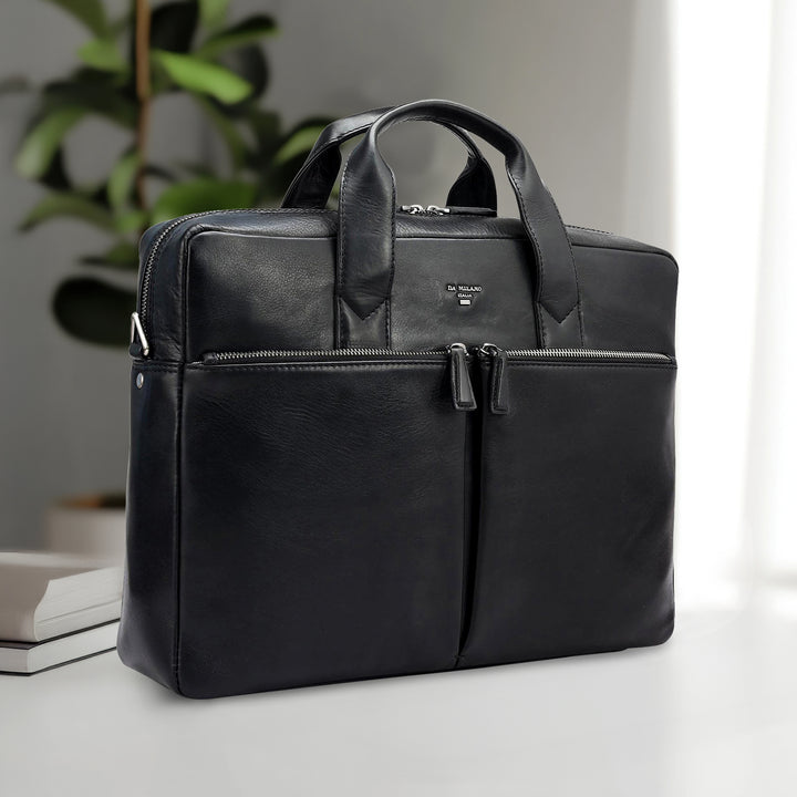 Plain Italian Leather Laptop Bag - Black