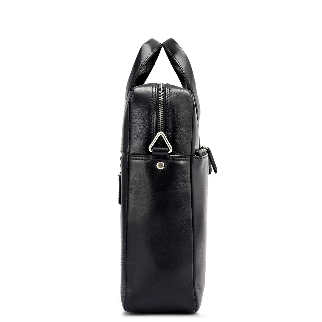 Plain Italian Leather Laptop Bag - Black