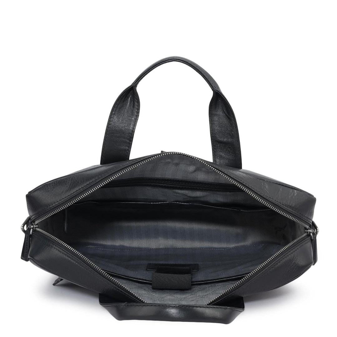 Plain Italian Leather Laptop Bag - Black