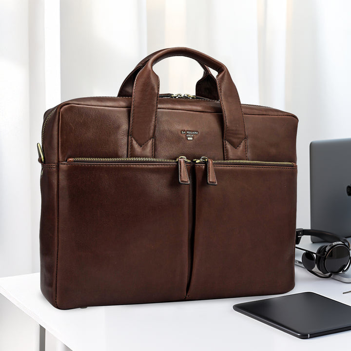 Plain Italian Leather Laptop Bag - Brown