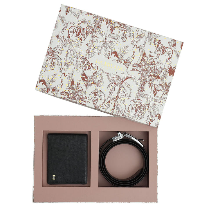 Black & Brown Saffiano Franzy Leather Mens Wallet & Belt Gift Set