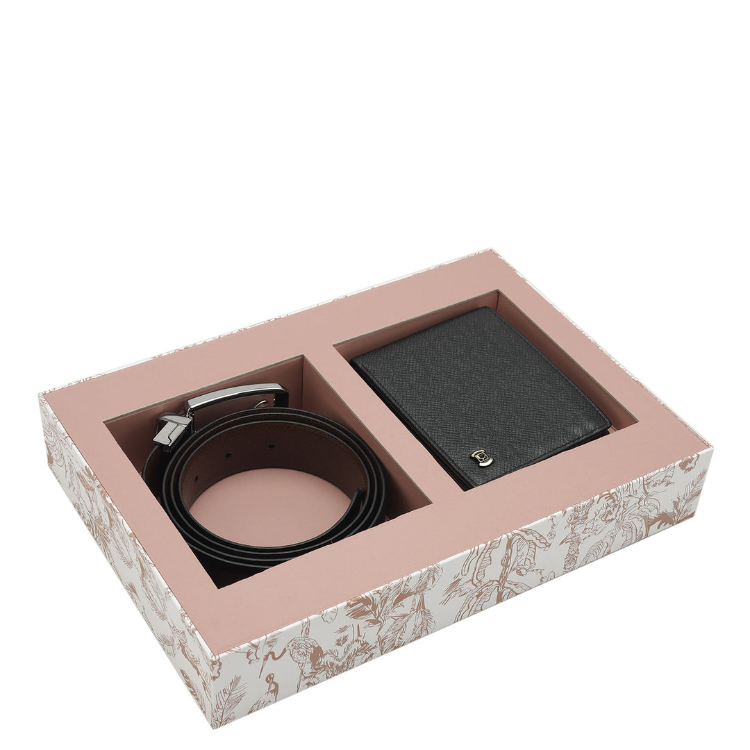 Black & Brown Saffiano Franzy Leather Mens Wallet & Belt Gift Set