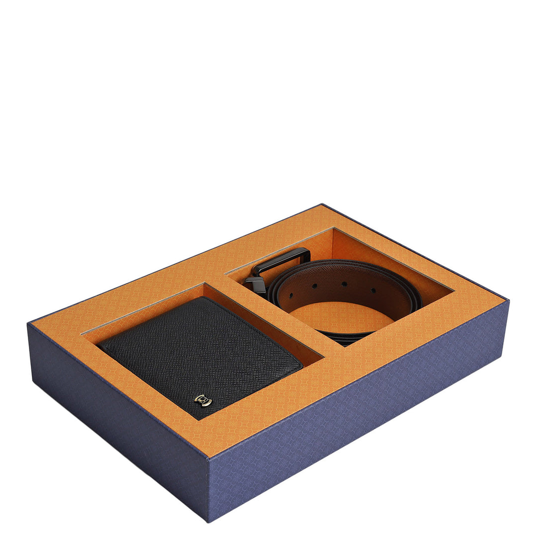 Saffiano Franzy Leather Mens Wallet & Belt Gift Sets - Black