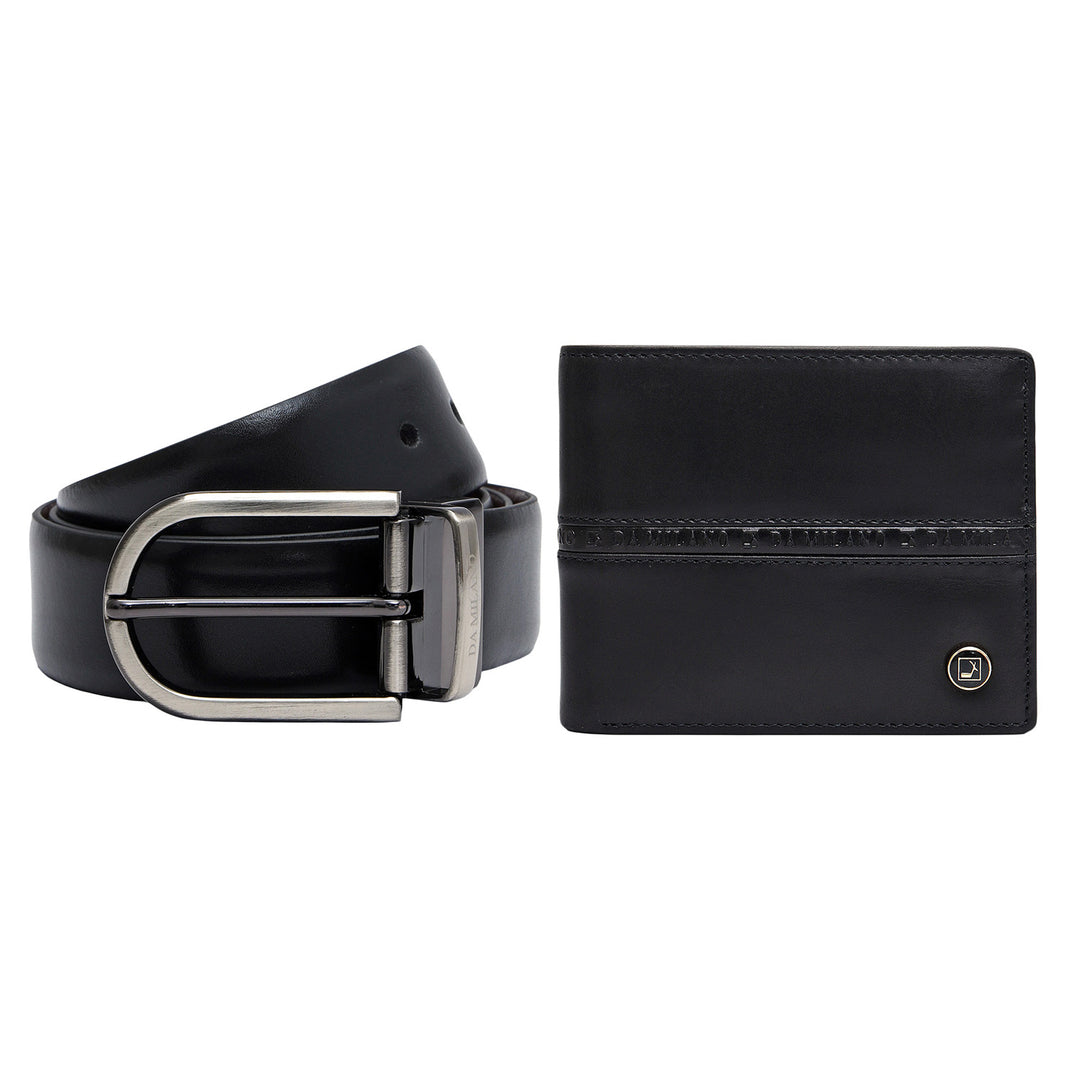 Black & Brown Plain Leather Mens Wallet & Belt Gift Set