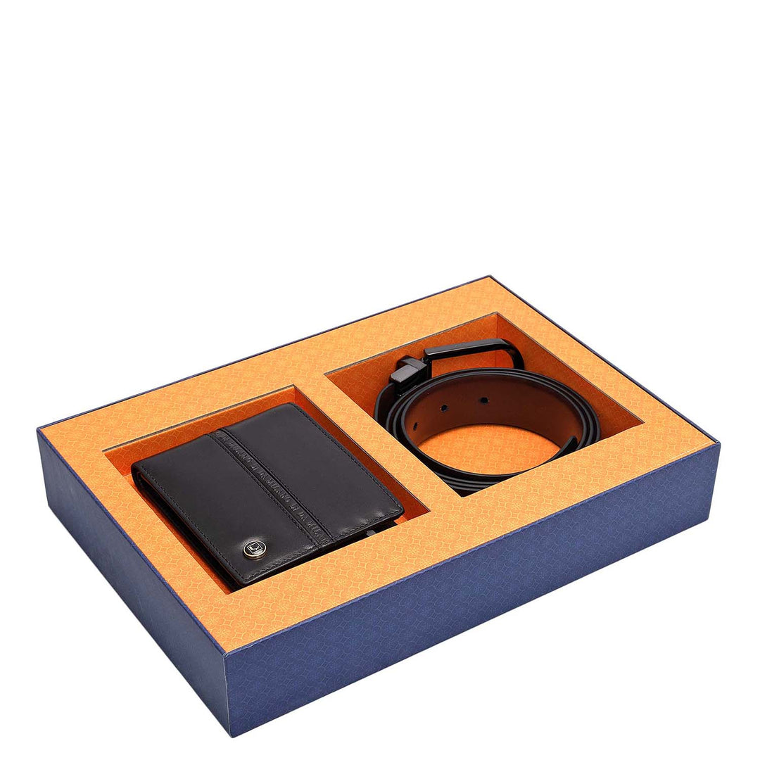 Black & Brown Plain Leather Mens Wallet & Belt Gift Set