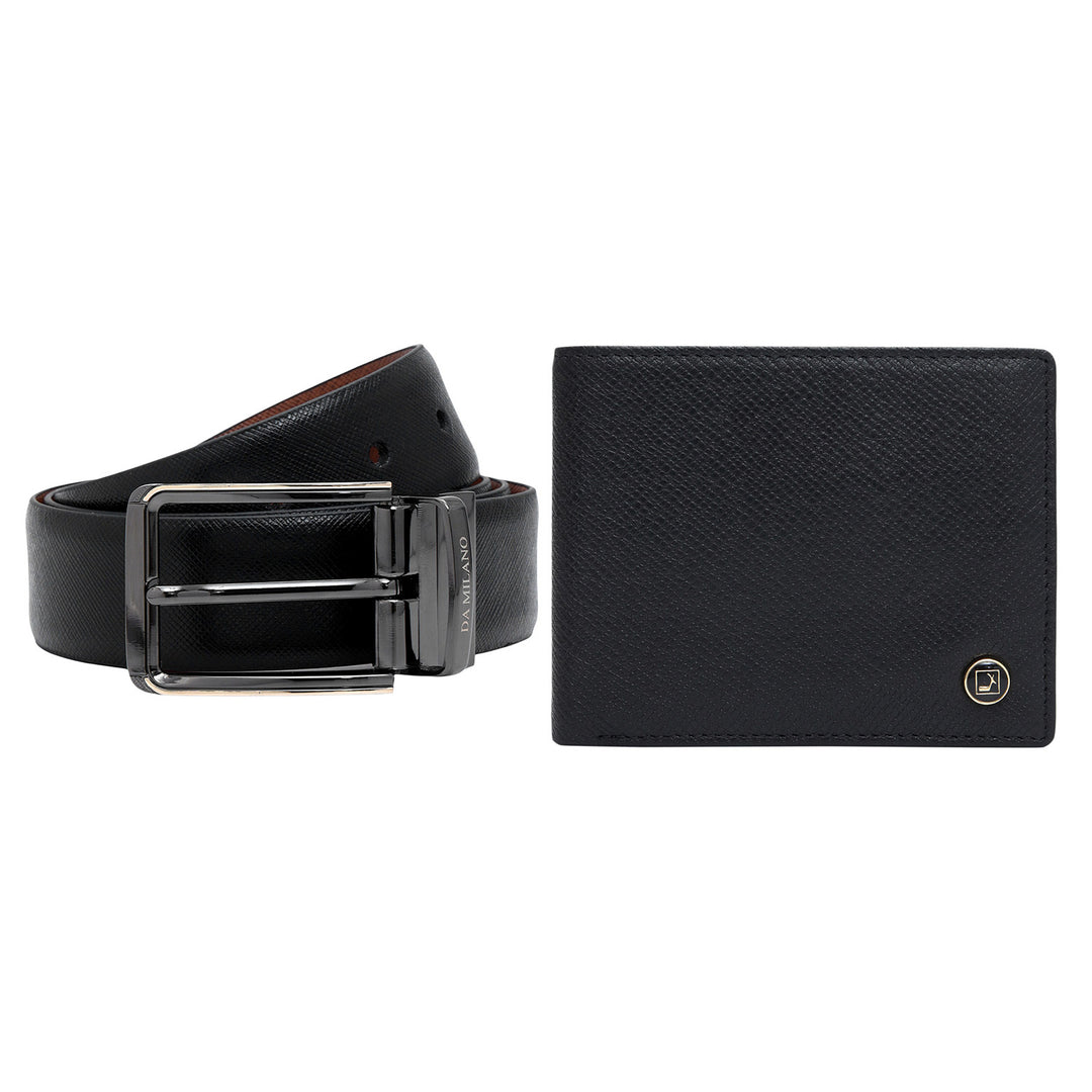 Black & Cognac Saffiano Franzy Leather Mens Wallet & Belt Gift Set
