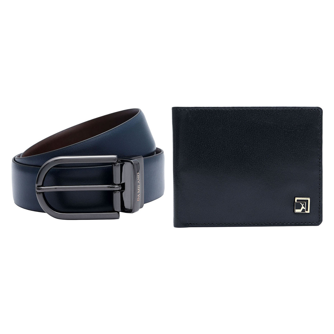 Blue & Brown Pln Leather Mens Wallet & Belt Gift Set