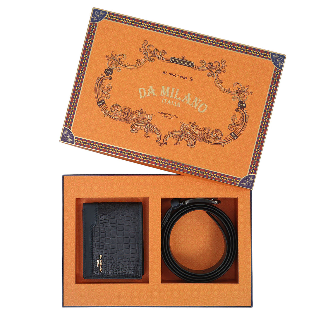 Navy Croco Mens Wallet & Belt Gift Set
