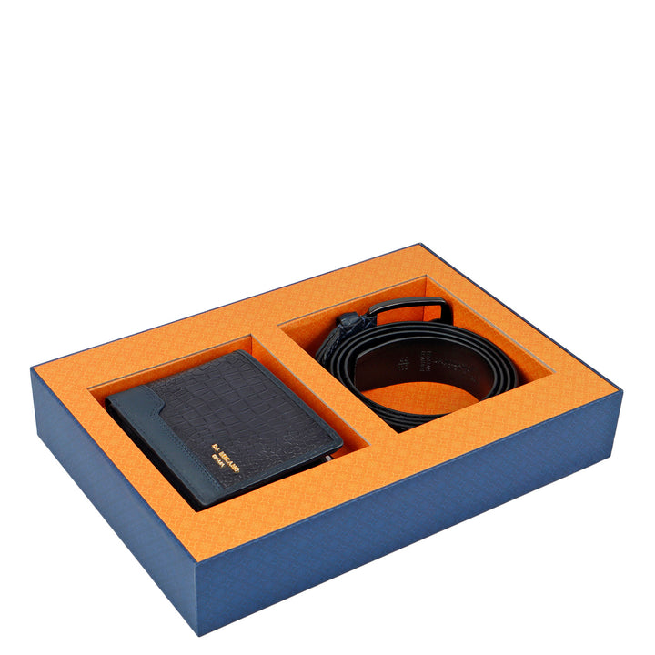 Navy Croco Mens Wallet & Belt Gift Set