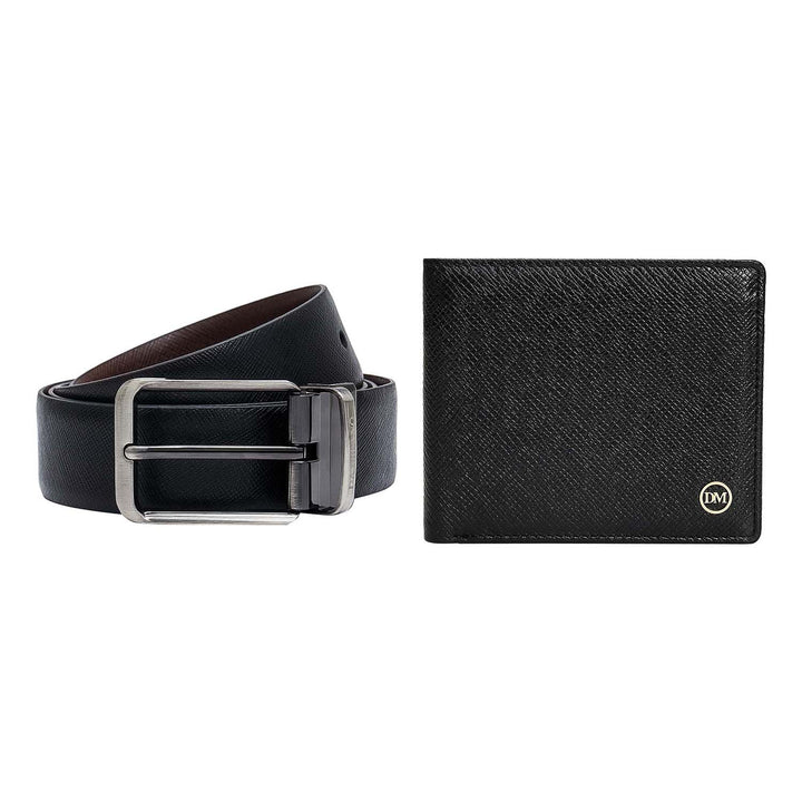 Black Saffiano Franzy Leather Mens Wallet & Belt Gift Set