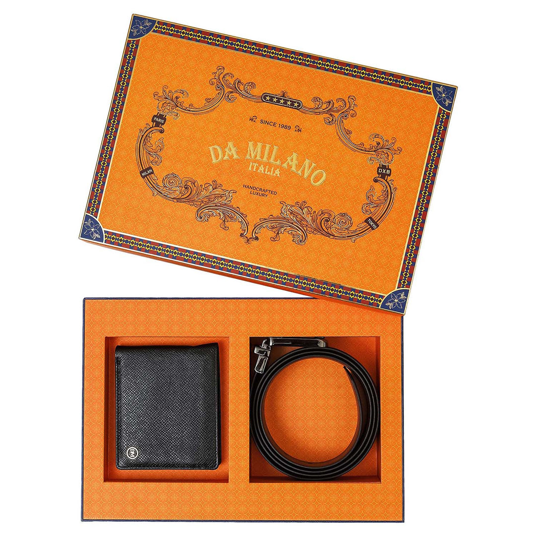 Black Saffiano Franzy Leather Mens Wallet & Belt Gift Set