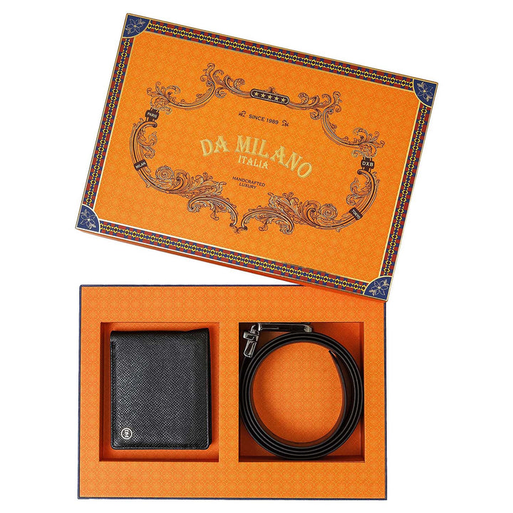 Black Saffiano Franzy Leather Mens Wallet & Belt Gift Set