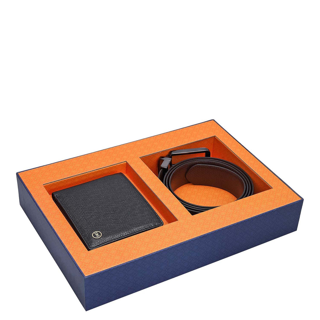 Black Saffiano Franzy Leather Mens Wallet & Belt Gift Set