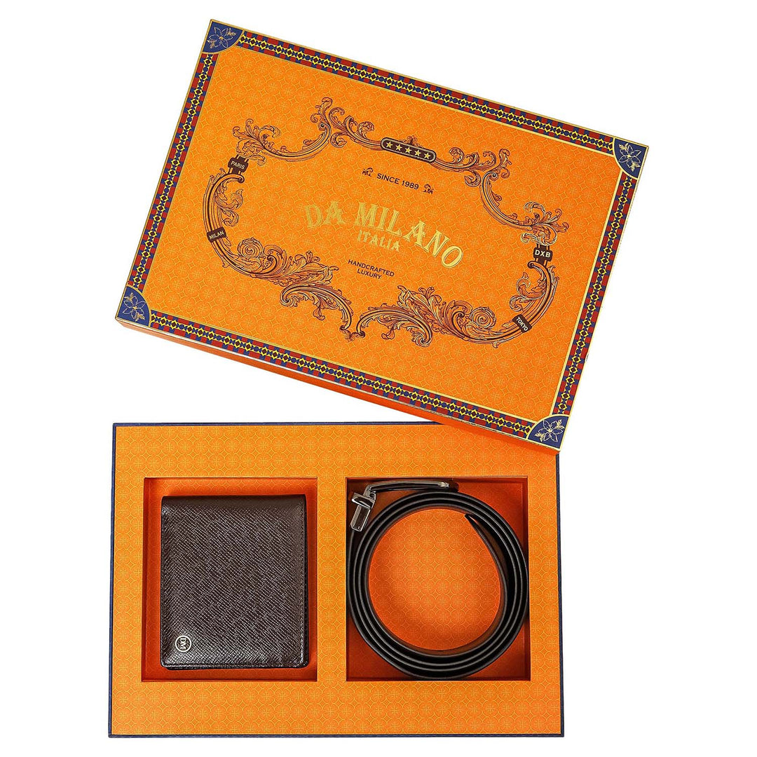 Chocolate Saffiano Franzy Leather Mens Wallet & Belt Gift Set