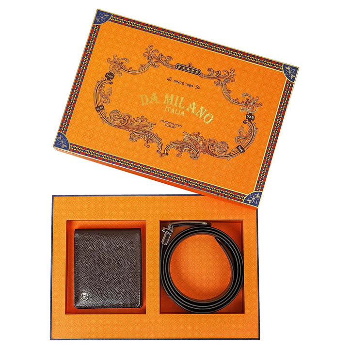 Chocolate Saffiano Franzy Leather Mens Wallet & Belt Gift Set