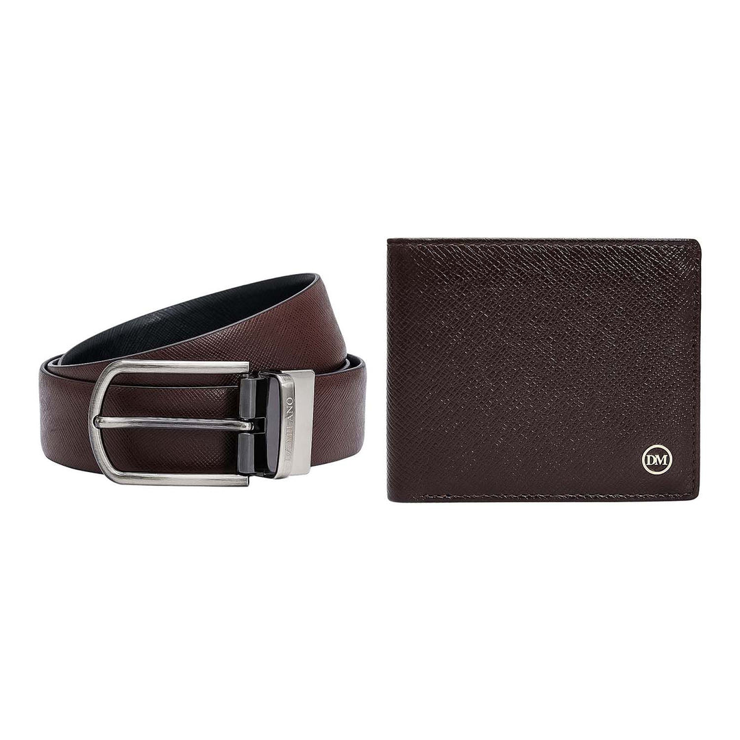 Chocolate Saffiano Franzy Leather Mens Wallet & Belt Gift Set