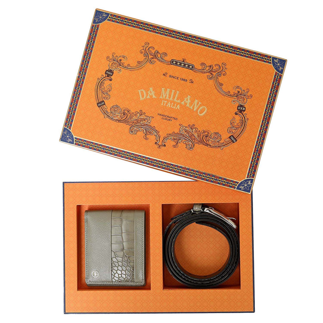 Stone Grey Croco Franzy Leather Mens Wallet & Belt Gift Set