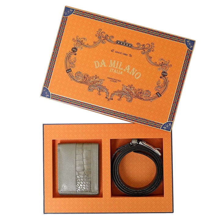 Stone Grey Croco Franzy Leather Mens Wallet & Belt Gift Set
