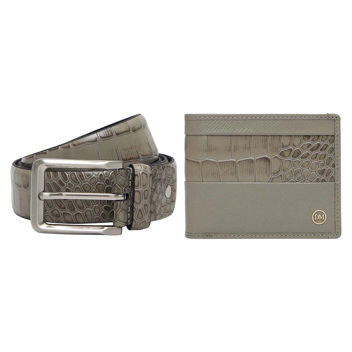 Stone Grey Croco Franzy Leather Mens Wallet & Belt Gift Set