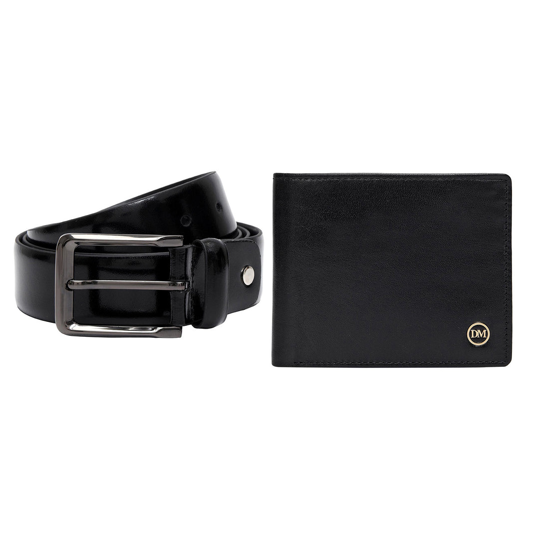 Black Plain Leather Mens Wallet & Belt Gift Set