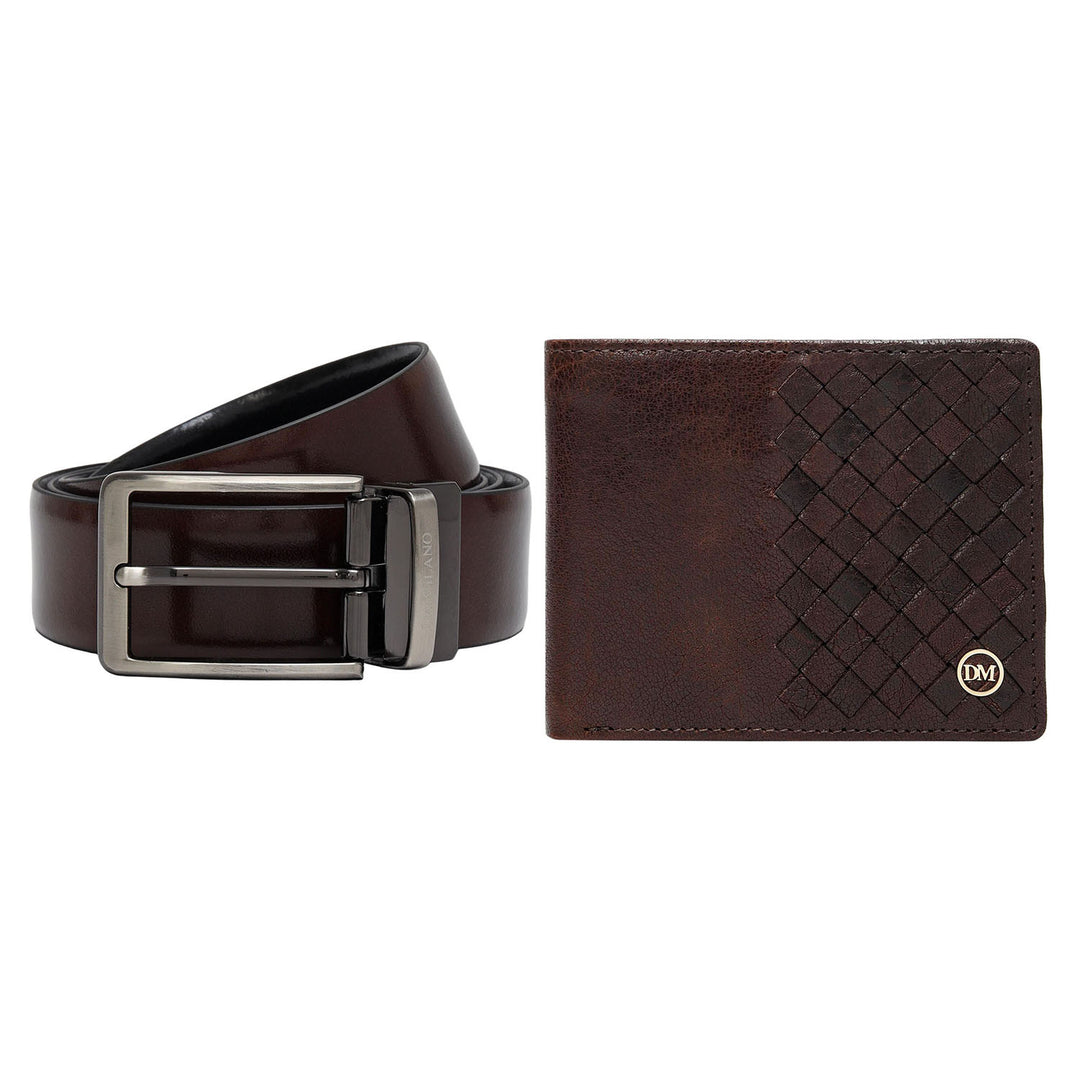 Brown Mat Plain Leather Mens Wallet & Belt Gift Set