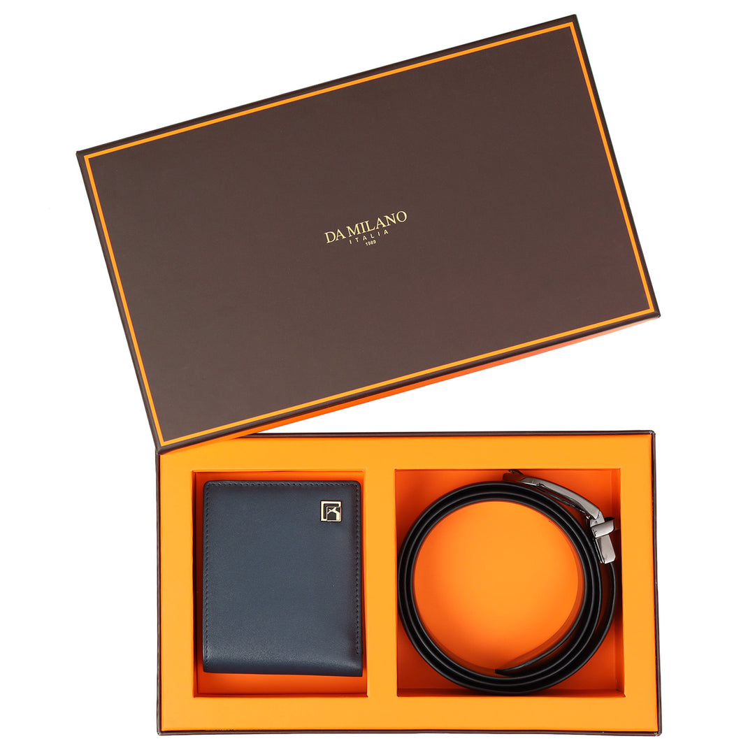 Navy Blue & Black Plain Leather Mens Wallet & Belt Gift Set