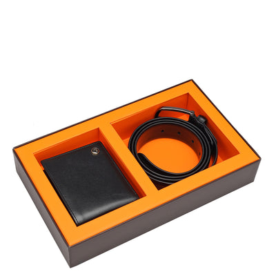 Black Saffiano Plain Leather Mens Wallet & Belt Gift Set