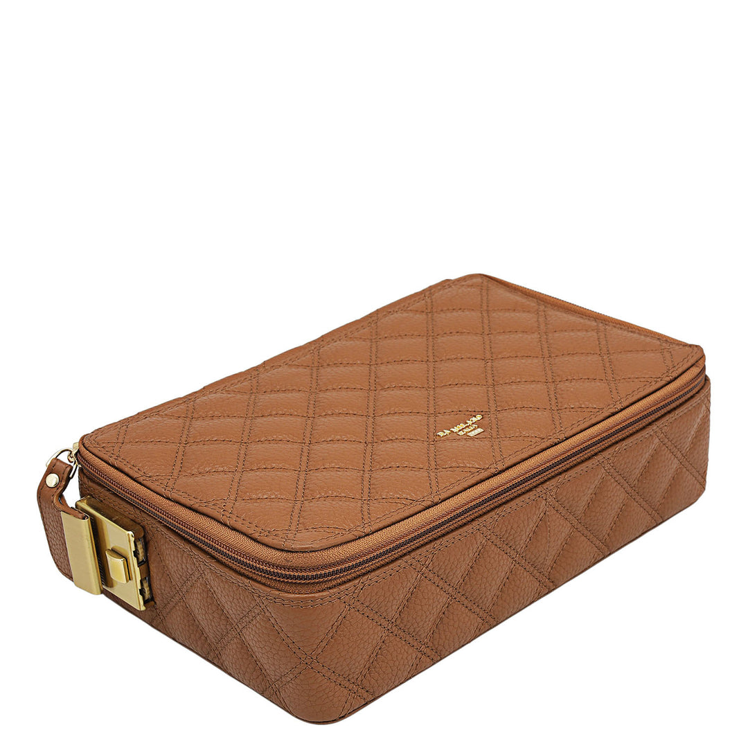 Quilting Leather Jewellery Case - Cognac