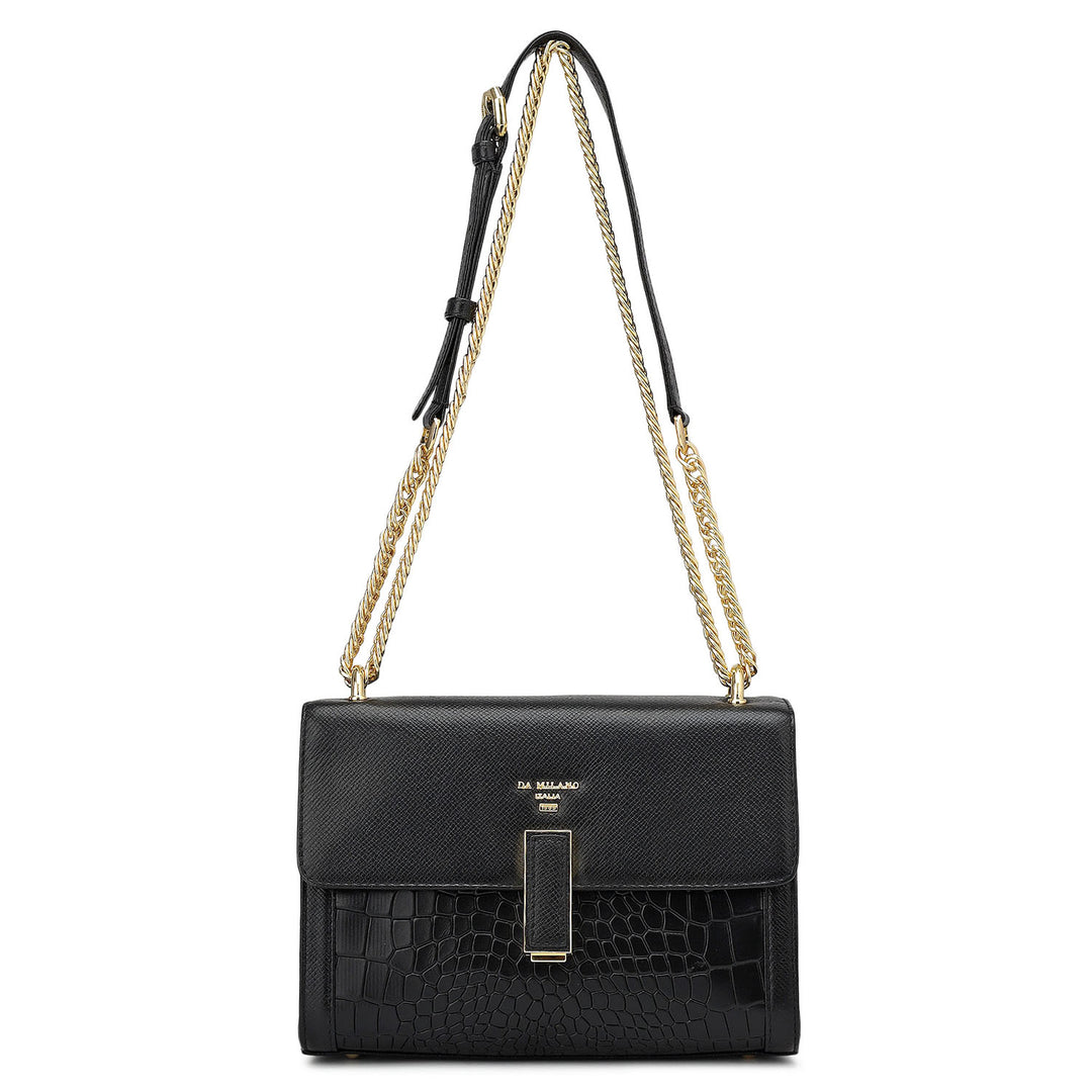Small Franzy Croco Leather Shoulder Bag - Black