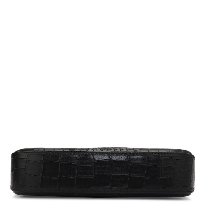 Small Croco Leather Baguette - Black