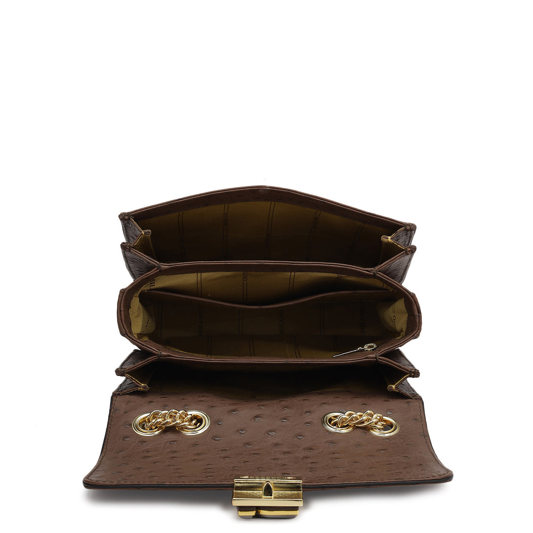 Small Ostrich Leather Shoulder Bag - Brown