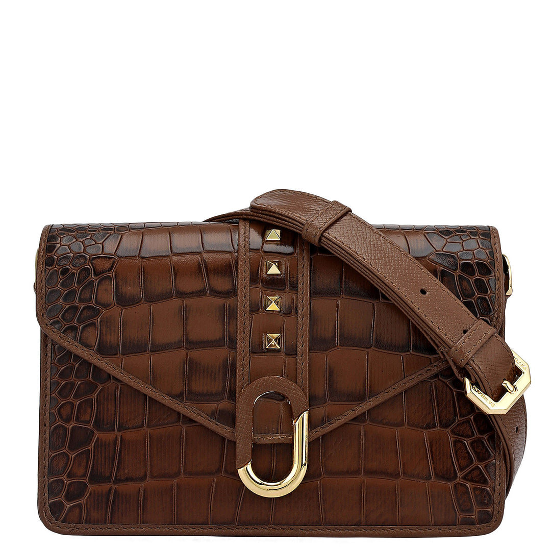 Small Croco Leather Shoulder Bag - Brown