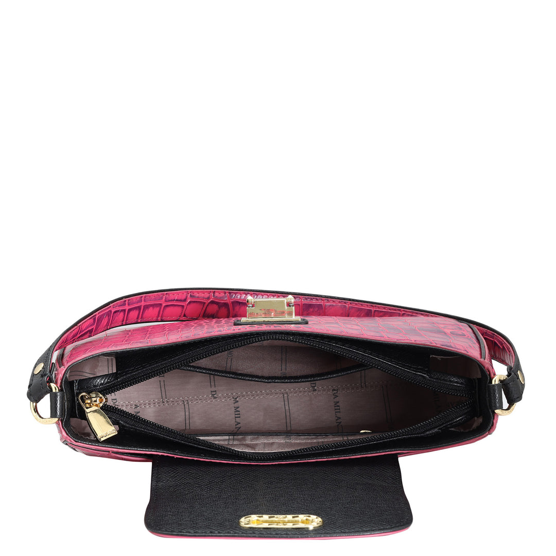 Small Croco Leather Baguette  - Majenta
