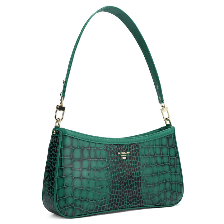 Small Croco Leather Baguette - Green