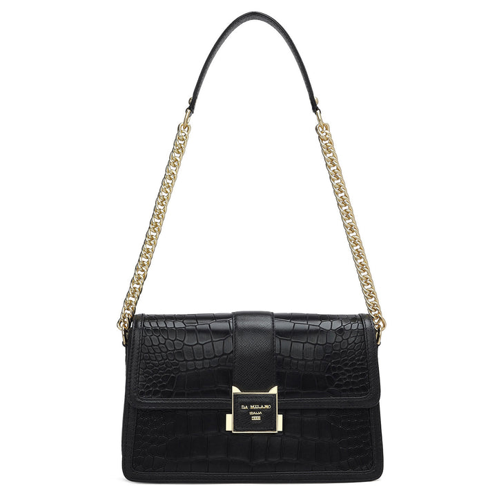 Small Croco Franzy Leather Shoulder Bag - Black